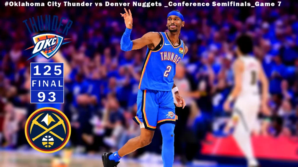 A basketball player in a blue Oklahoma City Thunder jersey with the number 2, identified as Shai Gilgeous-Alexander, raises his hand in celebration on the court. To his left, the Thunder logo is visible above the final score: 125 for Thunder and 93 for Nuggets, next to the Nuggets logo. The background shows a blurred basketball arena with fans and another player.