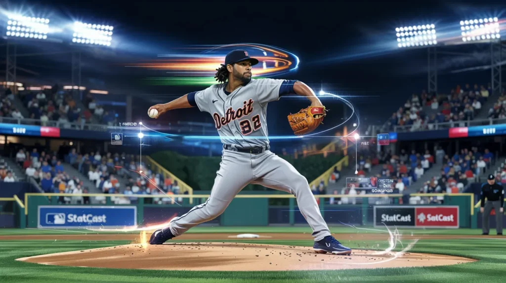 Detroit Tigers pitcher Tarik Skubal mid-pitch in a night game, showcasing powerful mechanics and velocity effects, with Statcast graphics highlighting his 32-whiff game.