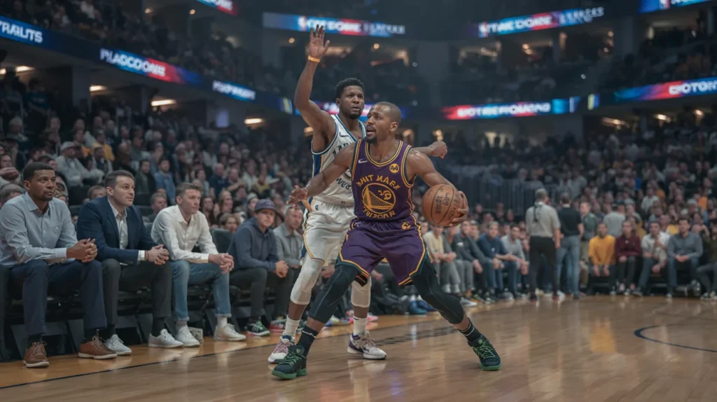 Golden State Warriors player dribbling past a Minnesota Timberwolves defender in front of a packed crowd during NBA Playoffs Game 2, 2025.