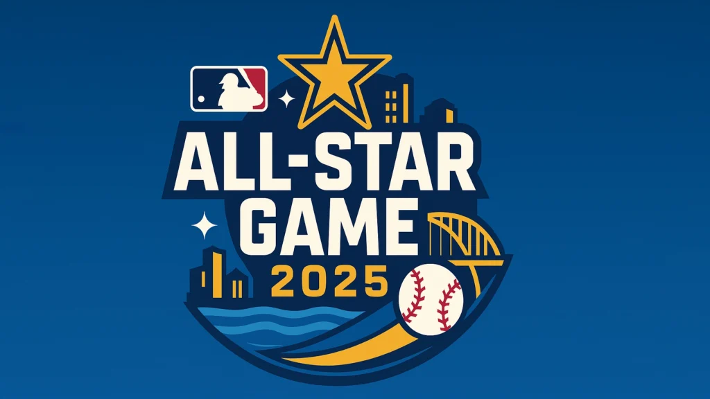 2025 MLB All-Star Game logo featuring the MLB silhouetted batter, a star, cityscape elements, and a baseball with a curving trail.