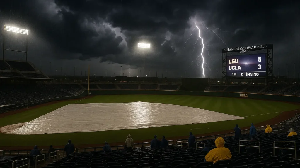 A dramatic lightning strike illuminates Charles Schwab Field in Omaha as a severe thunderstorm halts the College World Series game between LSU and UCLA. The field is covered by a tarp, and the scoreboard shows LSU leading UCLA 5-3 in the 4th inning, capturing the moment of suspense during the weather delay.