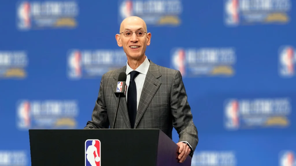 NBA Commissioner Adam Silver speaks to media at a press conference during 2025 NBA All-Star Weekend.