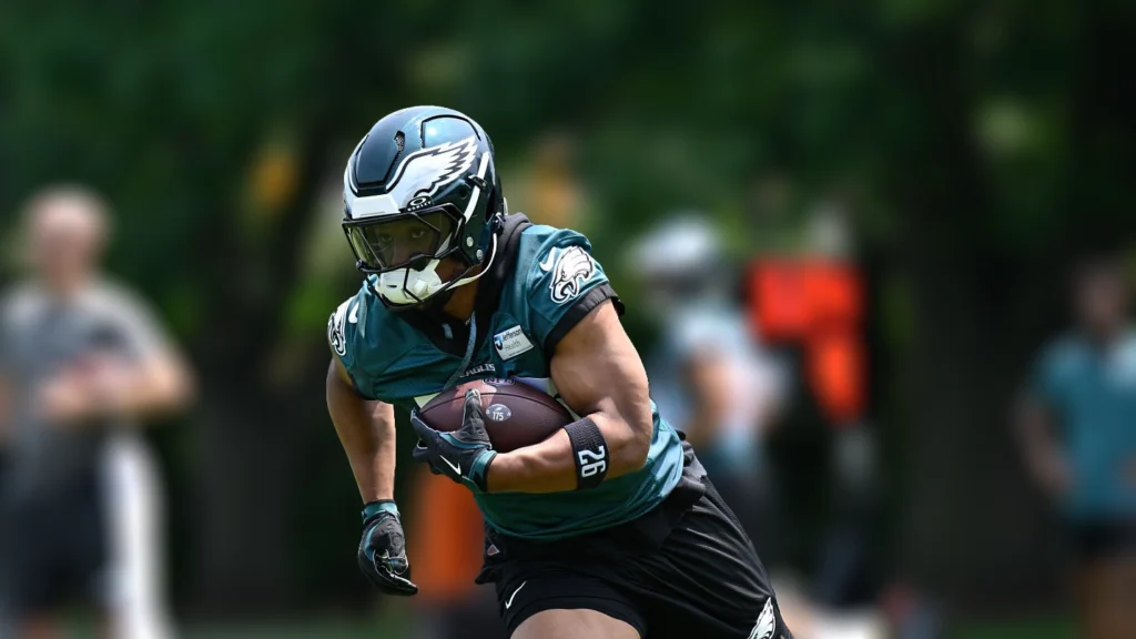 Philadelphia Eagles running back Saquon Barkley runs a drill during the Philadelphia Eagles OTA's.