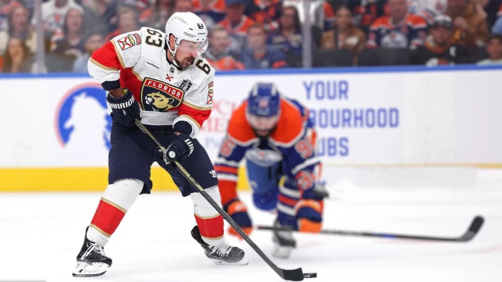 Brad Marchand of the Florida Panthers skates against the Edmonton Oilers en route to scoring a goal during the third period in Game Five of the 2025 Stanley Cup Final.