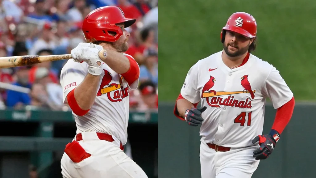 A split image showing two baseball players in St. Louis Cardinals uniforms. On the left, Brendan Donovan is shown swinging a bat. On the right, Alec Burleson is running on the field.