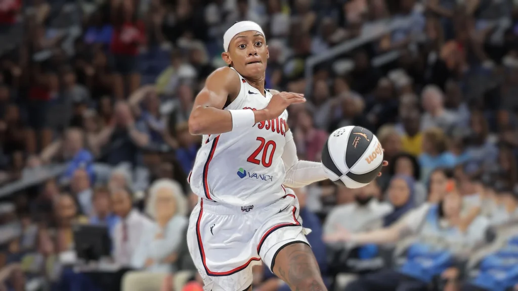 Brittney Sykes of the Washington Mystics drives to the basket during the second half of the WNBA Commissioners Cup game against the Chicago Sky.