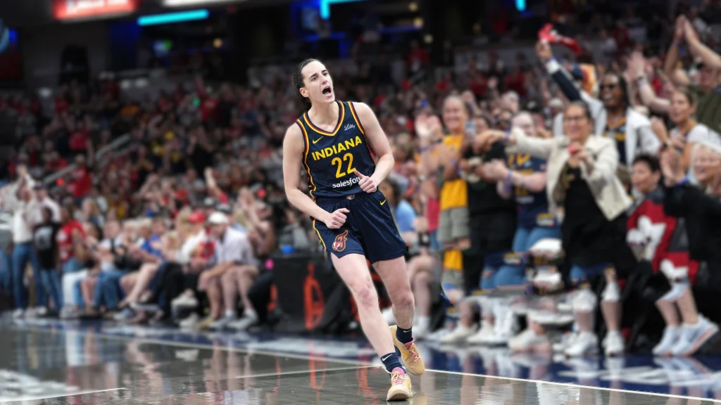 Caitlin Clark of the Indiana Fever celebrates during the game against the New York Liberty during a 2025 Commissioner's Cup game.