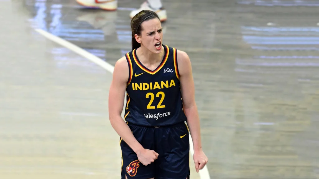 Caitlin Clark of the Indiana Fever celebrates during the game against the Connecticut Sun during the 2025 Commissioner's Cup game.