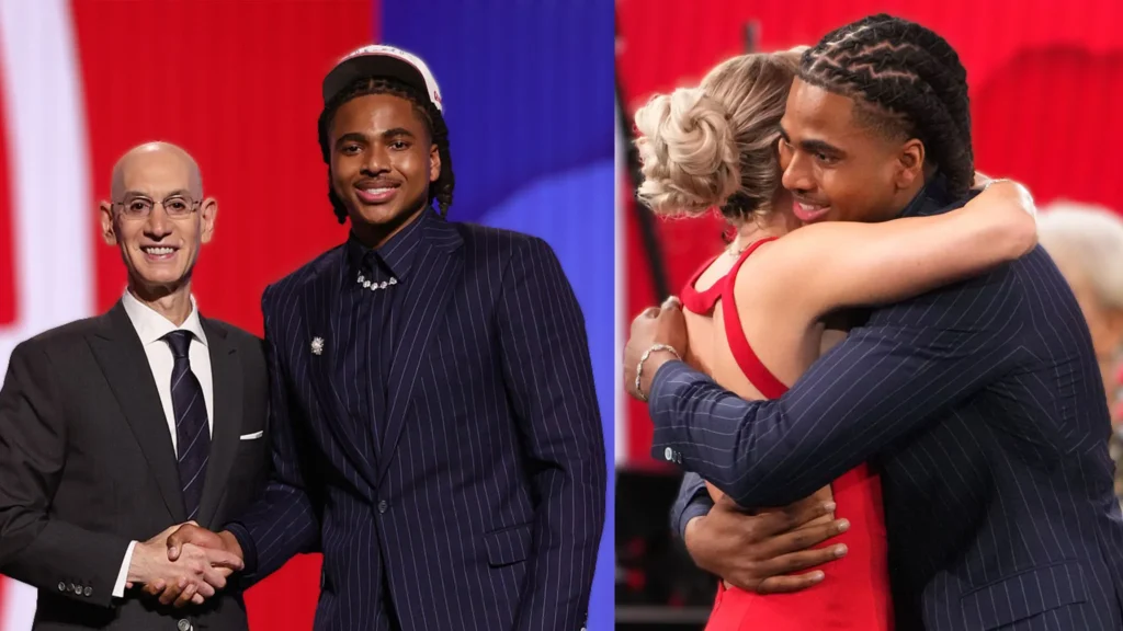 A two-panel image showing NBA Commissioner Adam Silver shaking hands with newly-drafted Toronto Raptor Collin Murray-Boyles, who is wearing a pinstripe suit and a draft hat. The second panel shows Murray-Boyles in the same suit, embracing his girlfriend Chloe Kitts, who is wearing a red dress.