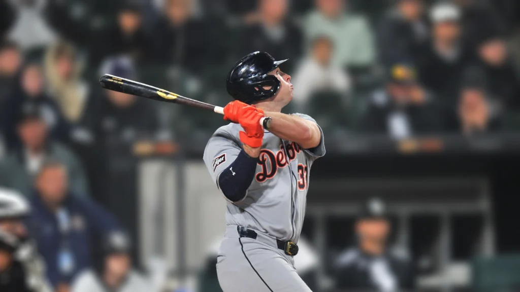 Detroit Tigers second base Colt Keith hits an RBI double during the eighth inning of a baseball game against the Chicago White Sox.