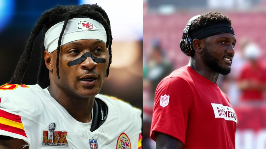 DeAndre Hopkins in a Chiefs uniform on the left, and Chris Godwin in a Buccaneers shirt on the right.