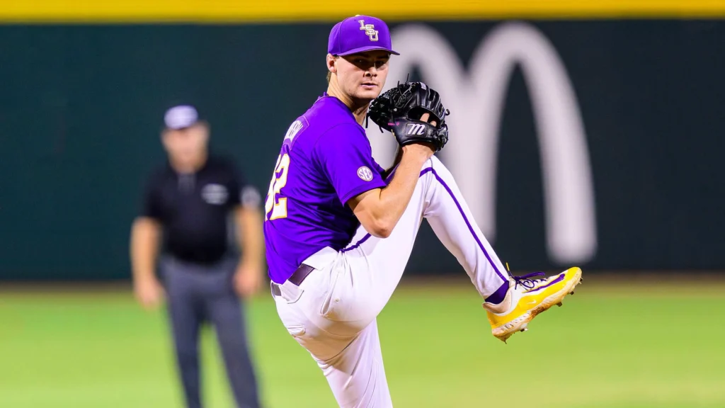 Kade Anderson of the LSU Tigers in action against Arkansas at CWS 2025.