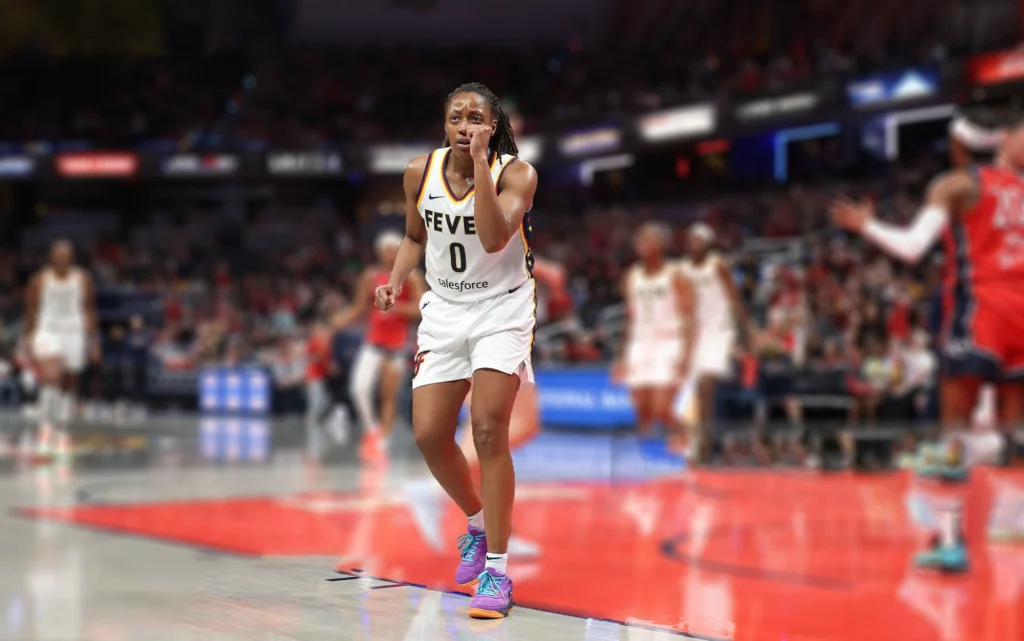  Kelsey Mitchell of the Indiana Fever celebrates after scoring a basket in the fourth quarter against the Washington Mystics.