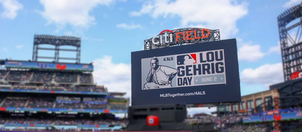 A general view of Citi Field with Lou Gehrig Day signage on the scoreboard prior to the game between the Colorado Rockies and the New York Mets at Citi Field.
