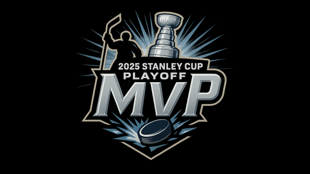 Logo for the 2025 Stanley Cup Playoff MVP. The design features a silver and navy color scheme with "MVP" in large metallic letters, a hockey puck breaking through ice at the bottom, a silhouette of a hockey player holding a stick on the left, and the Stanley Cup trophy in the center, all set against a burst of radiant light on a black background.