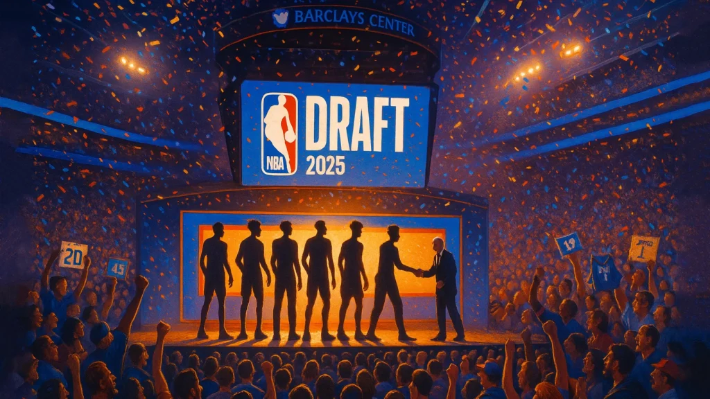 NBA Draft 2025 scene at Barclays Center with players on stage, falling confetti, and cheering fans.