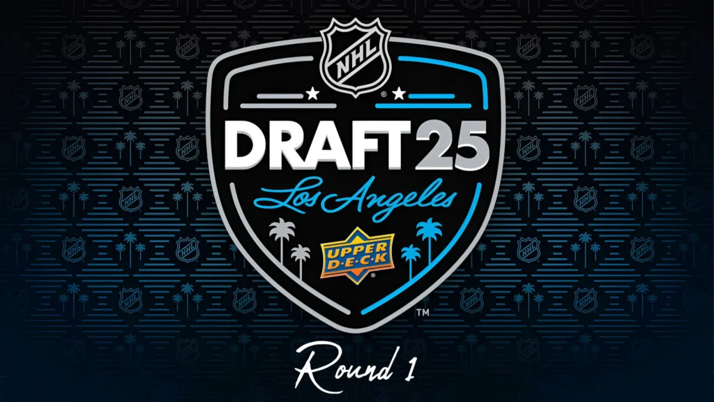 Official logo for the 2025 NHL Draft in Los Angeles, showing the year '25', the city name, and 'Round 1' at the bottom, all within a shield shape with palm tree and hockey stick motifs.
