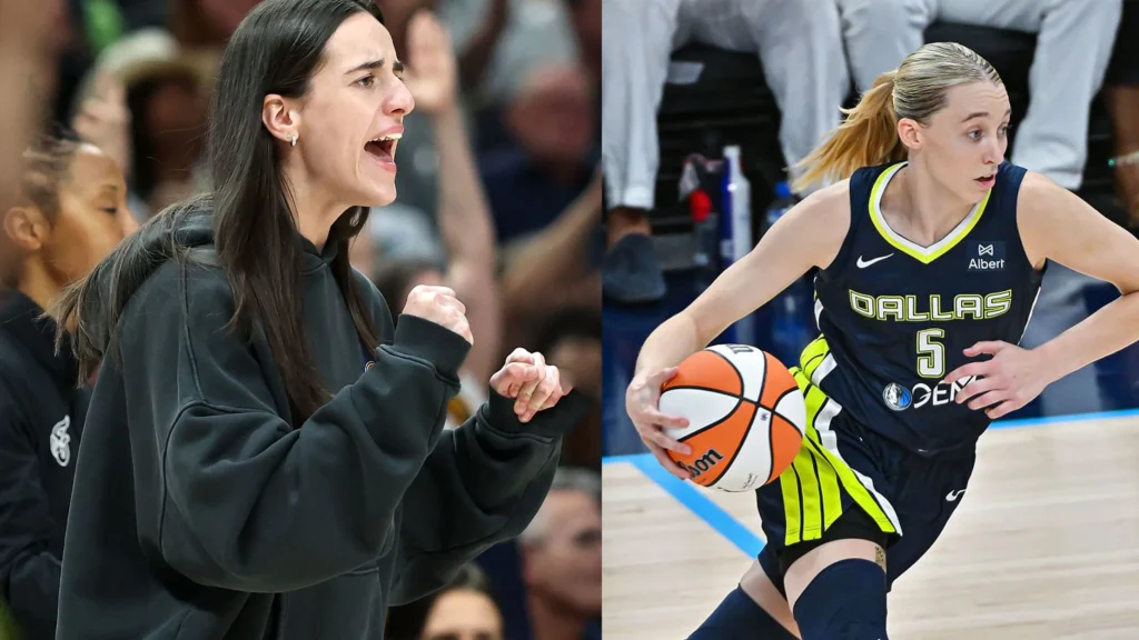 A split image from the "Fever vs Wings" WNBA game showing Caitlin Clark on the left, looking animated and possibly coaching or reacting intensely from the sidelines, and Paige Bueckers on the right, dribbling a basketball intently during the game, wearing a dark Dallas Wings jersey with the number 5.