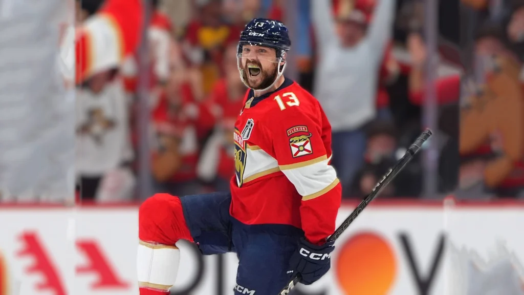 Florida Panthers forward Sam Reinhart celebrates one of his four historic goals in Game 6 of the Stanley Cup Final, a performance that led the Panthers to their second consecutive championship.
