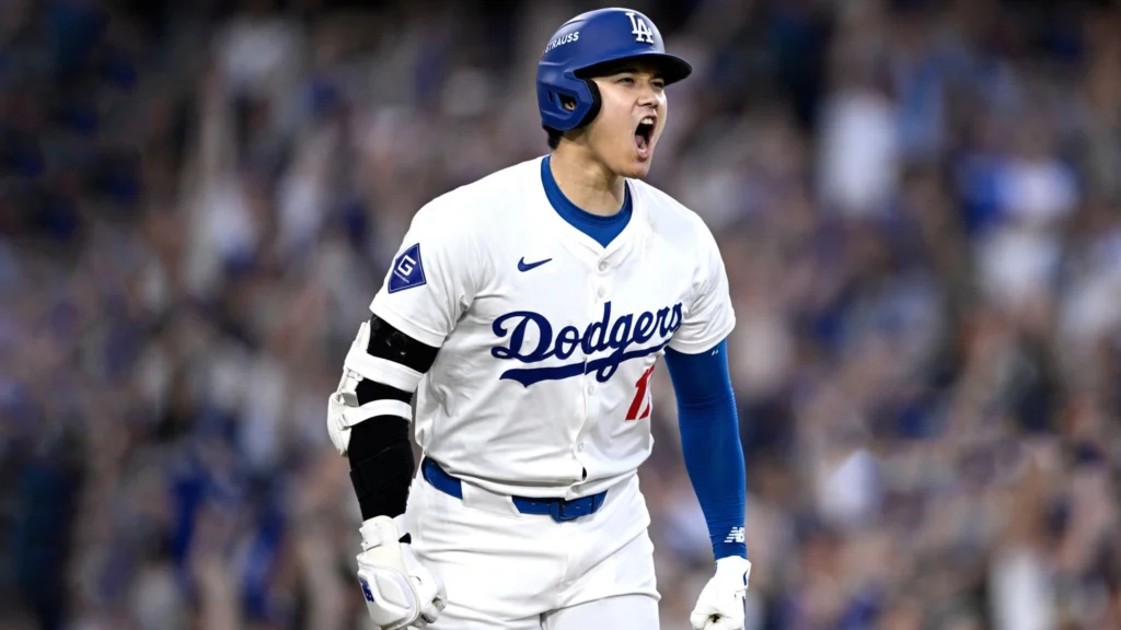 Shohei Ohtani of the Los Angeles Dodgers celebrates a three run home run during the second inning against the San Diego Padres.