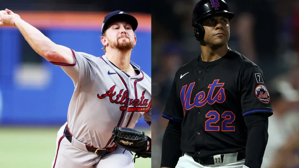 Split image showing Atlanta Braves pitcher Spencer Schwellenbach throwing a pitch on the left, and New York Mets player Juan Soto looking forward on the right.