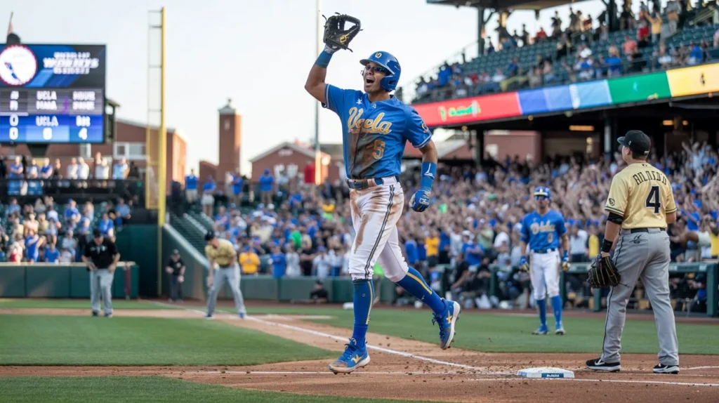 A UCLA baseball player in a blue and gold uniform celebrates a play near first base during a game, raising his glove in excitement as a player from the opposing team (possibly Murray State, given the gold and black uniform) watches. The stands are filled with cheering fans, and a scoreboard showing "UCLA" and "UCLA" (likely home and away teams or a graphic error on the scoreboard in the image) is visible in the background, along with the outfield wall.