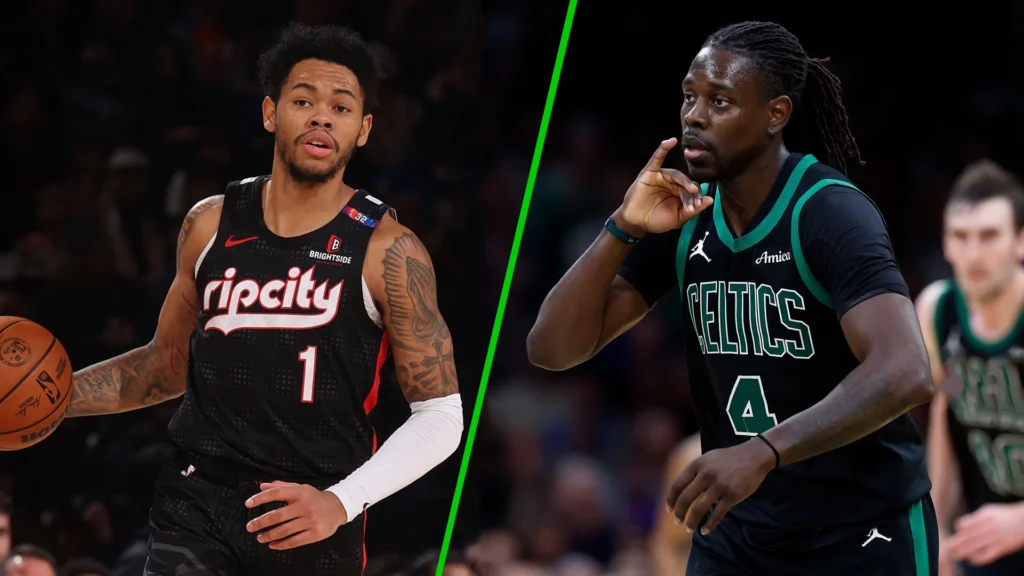 Anfernee Simons in a black 'Rip City' Trail Blazers jersey holding a basketball on the left, next to Jrue Holiday in a black Celtics jersey with a green trim on the right, both looking ready to play.