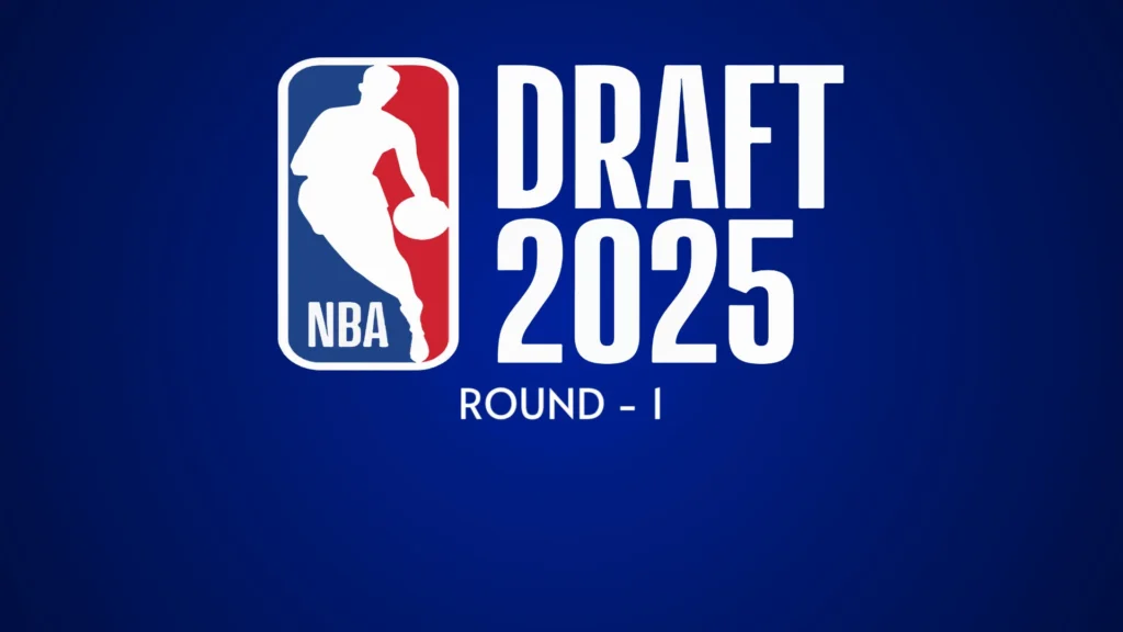 2025 NBA Draft Round 1 logo on a blue background with the official NBA silhouette and bold white text.