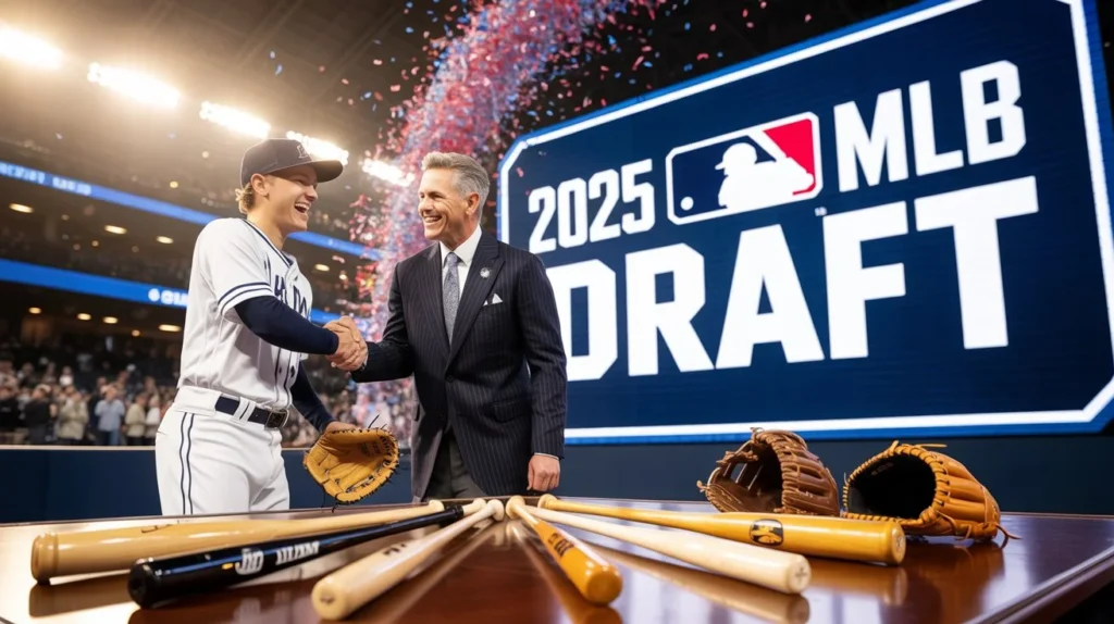 A baseball prospect and an executive shake hands at the 2025 MLB Draft, with a large "2025 MLB DRAFT" sign in the background and baseball equipment in the foreground.