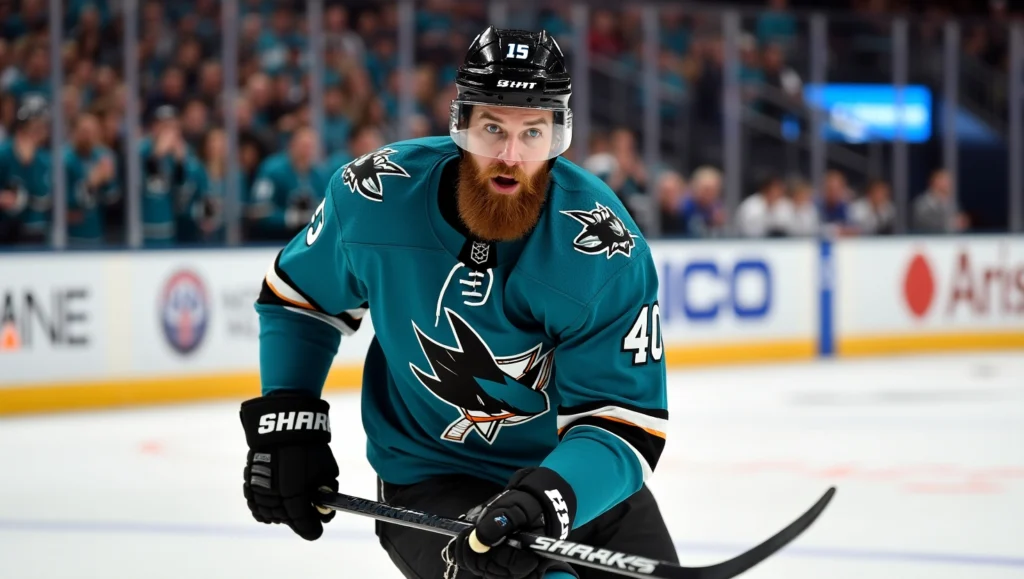 NHL defenseman Brent Burns, with a prominent red beard and long hair, skates on the ice in a teal San Jose Sharks jersey with the number 88. He is holding a hockey stick and looking forward, with blurred arena seats and a scoreboard in the background.