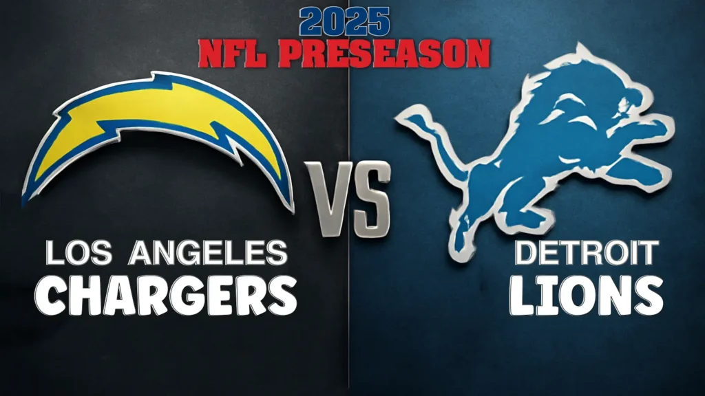 A graphic for the 2025 NFL Preseason. On a split background of dark blue and black, the Los Angeles Chargers lightning bolt logo is on the left above "LOS ANGELES CHARGERS". In the center, a silver "VS" separates the two teams. On the right, the Detroit Lions leaping lion logo is above "DETROIT LIONS". "2025 NFL PRESEASON" is written in red and blue text at the top.