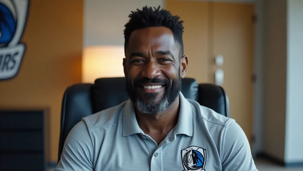  A smiling God Shammgod, a man with a beard and short dark hair, wearing a gray Dallas Mavericks polo shirt, sits in a dark office chair with a blurry Mavericks logo visible behind him.