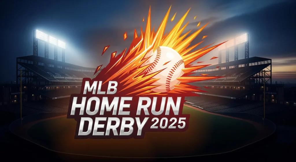 Dynamic graphic for the 2025 MLB Home Run Derby with the event title, showing a baseball bursting with orange and red flames and sharp edges, centered in front of a large, empty baseball stadium with bright lights against a dark sky.