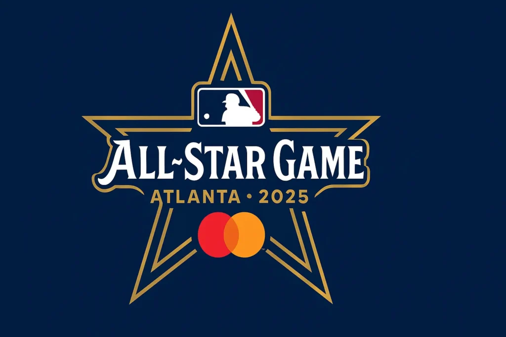 MLB All-Star Game Atlanta 2025 official logo. A large gold outlined star contains the words 'All-Star Game' in white script, with 'Atlanta • 2025' below it. The MLB batter logo is at the top center, and two overlapping red and orange circles (Mastercard logo) are at the bottom center, all on a dark blue background.