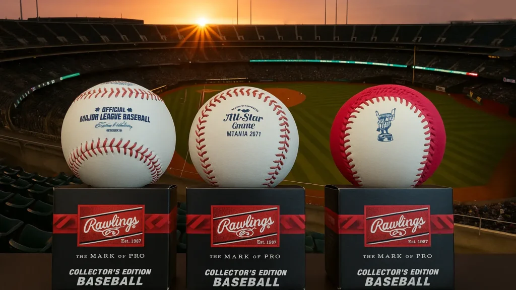 Three Rawlings Collector’s Edition Major League Baseballs displayed on black boxes in a stadium setting at sunset, featuring All-Star Game and Home Run Derby logos.
Let me know if you want a version optimized for Pinterest, Instagram, or blog embedding!
